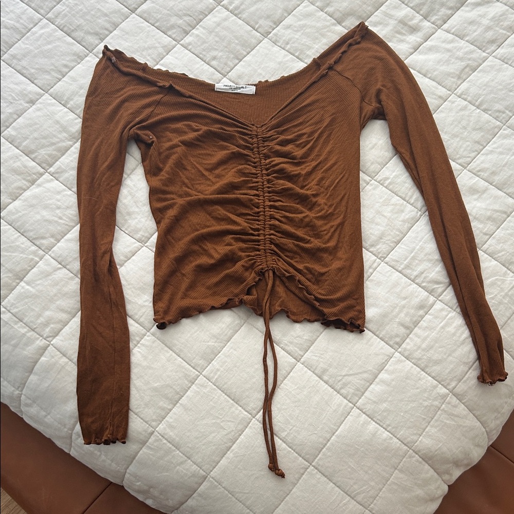 Brown Ruched Long Sleeve off the shoulder Top